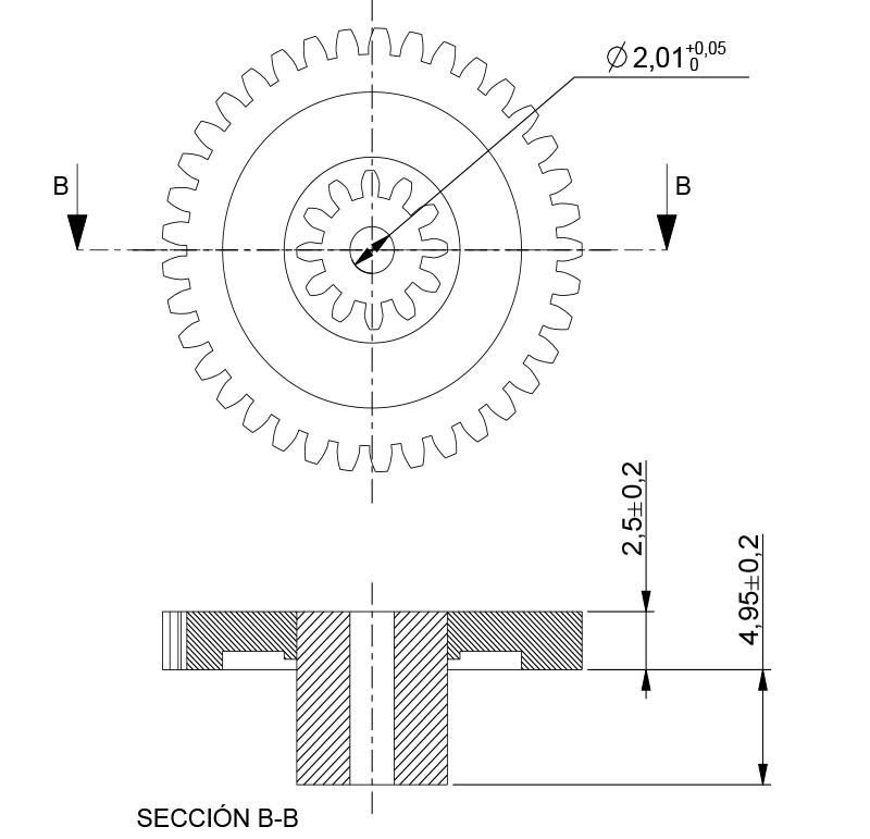 Plastic gear Module 0.500, Teeth 37Z, Shape with pinion, ref. 000973