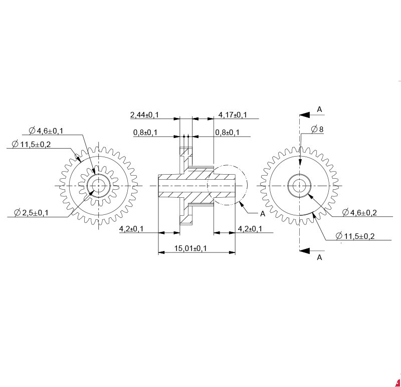 Plastic gear Module 0.450, Teeth 32Z, Shape with pinion, ref. 024493 ...